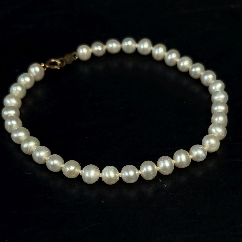 PJS 14K Gold Cultured Pearl Bracelet Hand Knotted 7.25 Inch Vintage